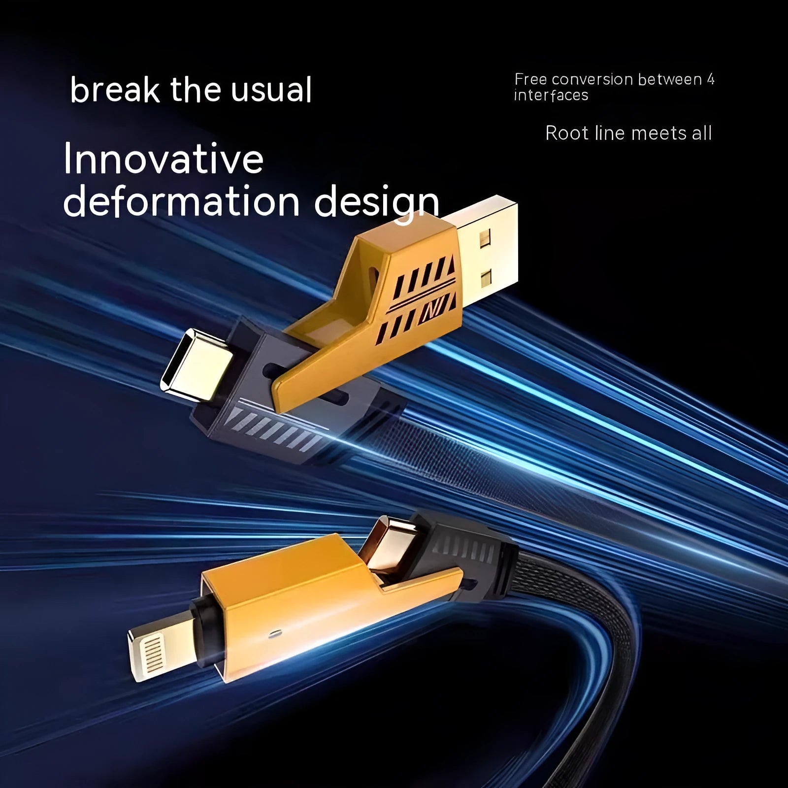 Four-in-one super fast charge data cable 65W yellow with USB-A and Type-C connectors