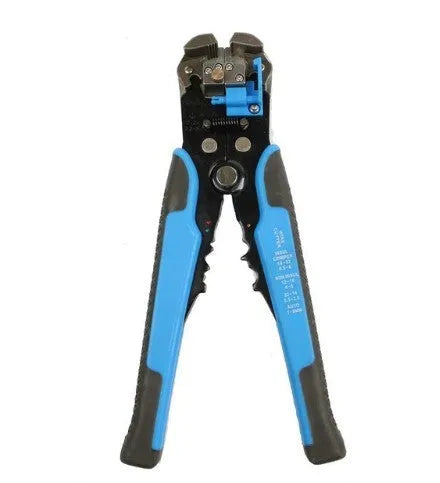 Yellow automatic wire stripper crimping plier with adjustment screw and alloy steel jaws