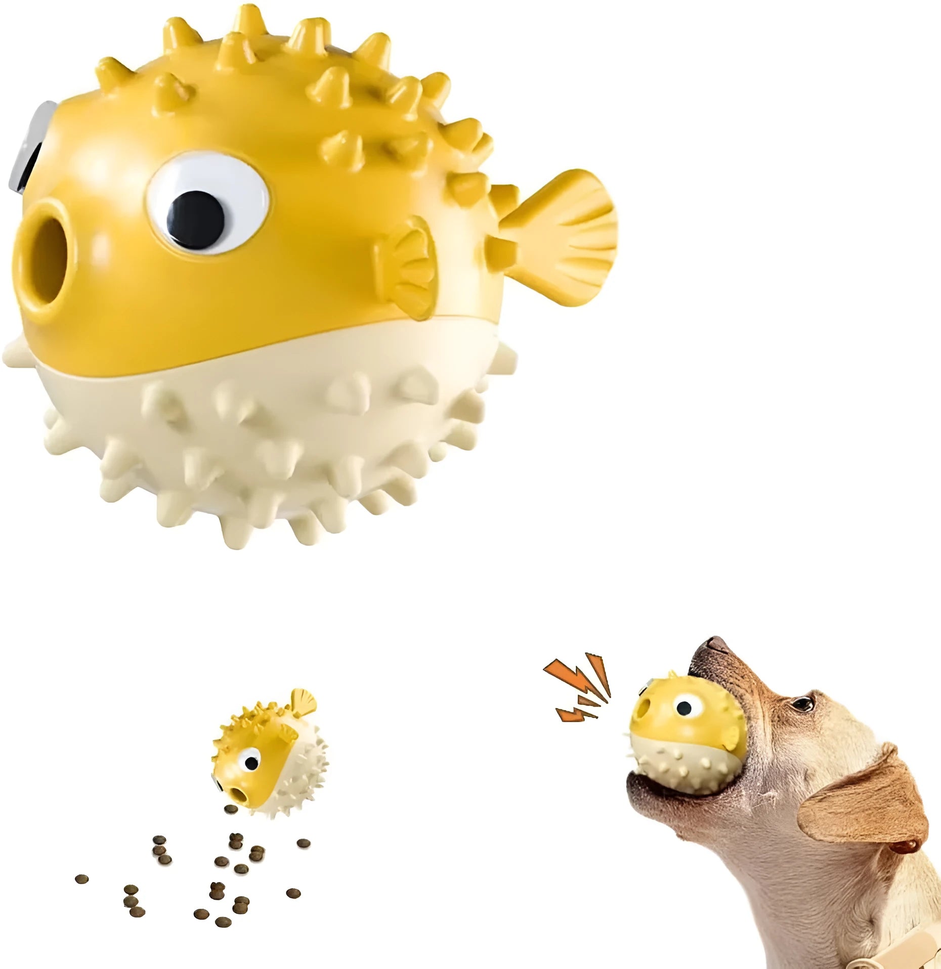 Green fish-shaped interactive dog toy with treat dispensing opening and textured surface for medium and large dogs