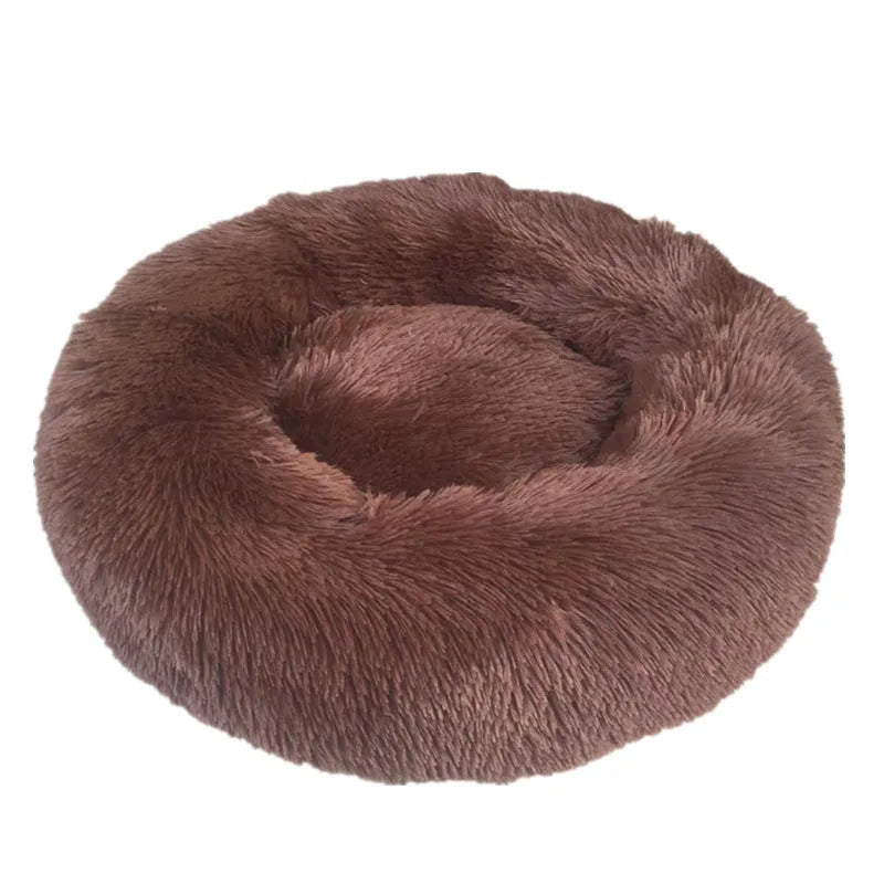 Washable round plush dog kennel bed with PP cotton fill in light grey, 40-120cm diameter options
