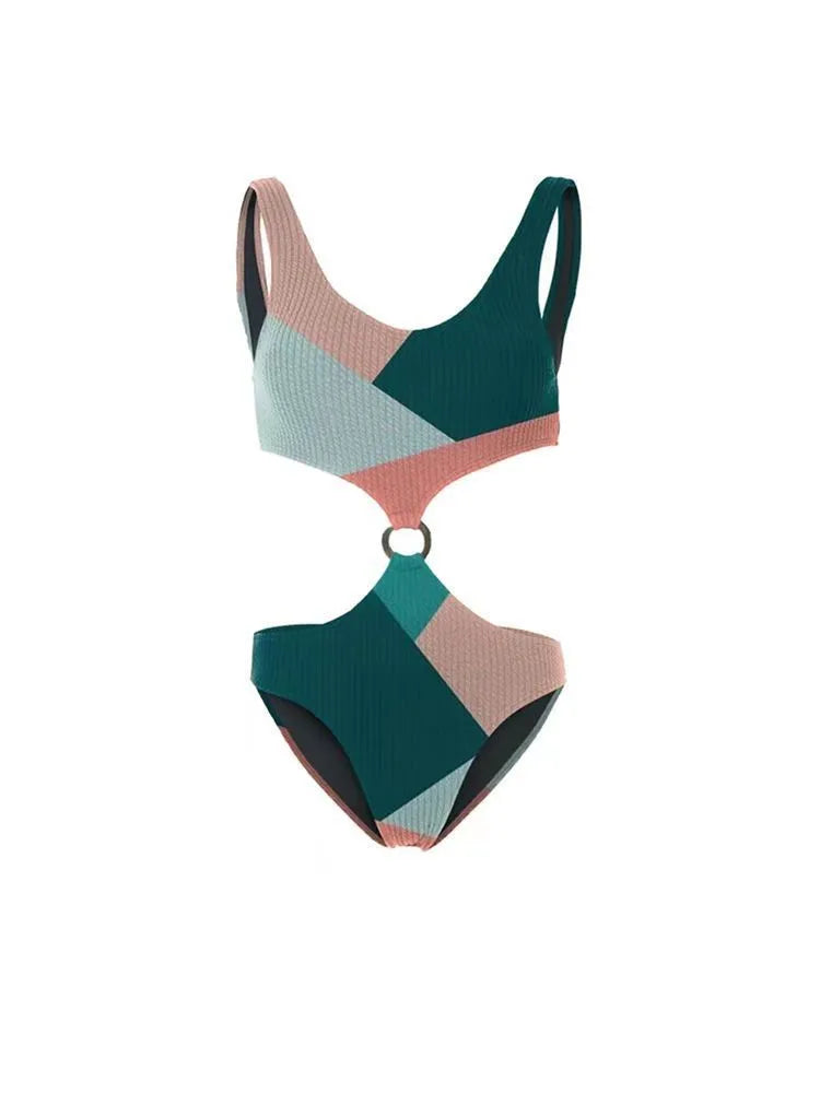 Contrast colour bikini two-piece set with matching mesh gauze skirt on hanger