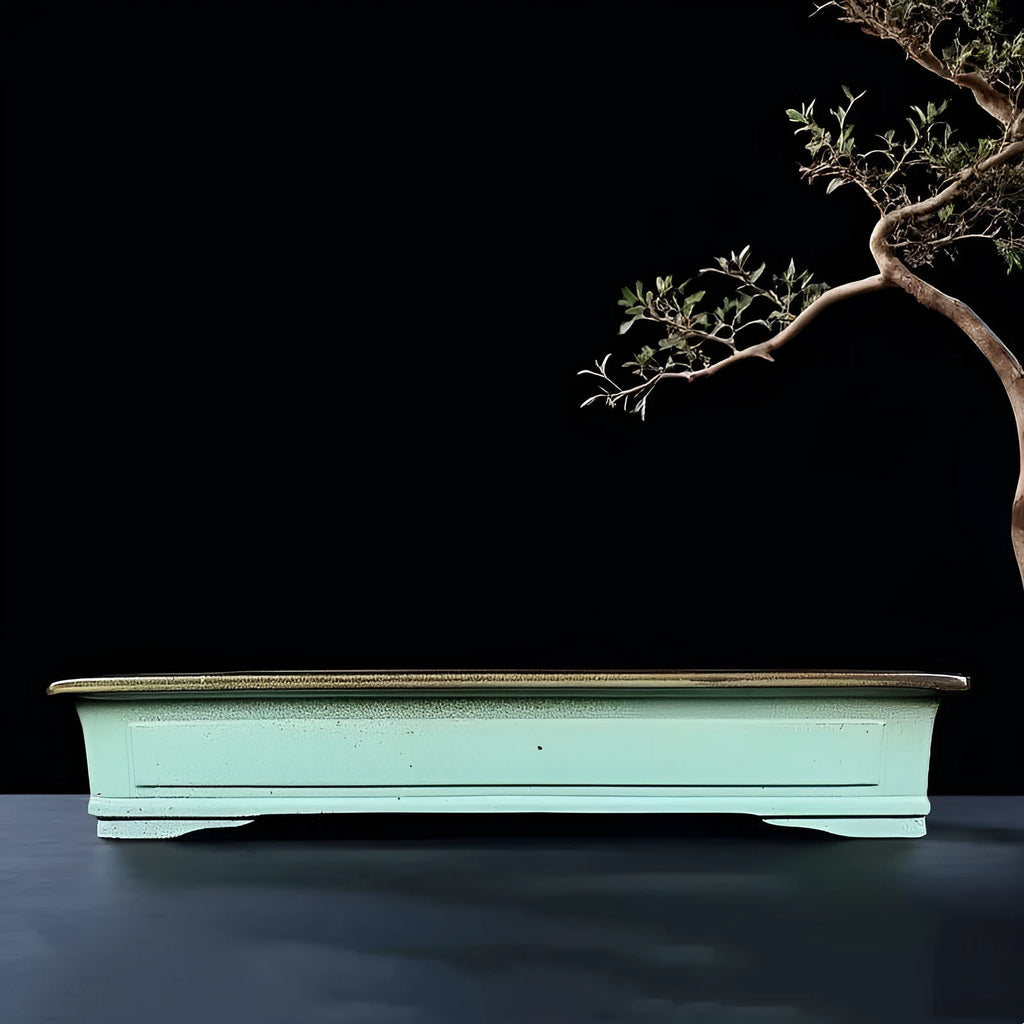 Green handmade ceramic bonsai pot with retro purple sand crackled glaze