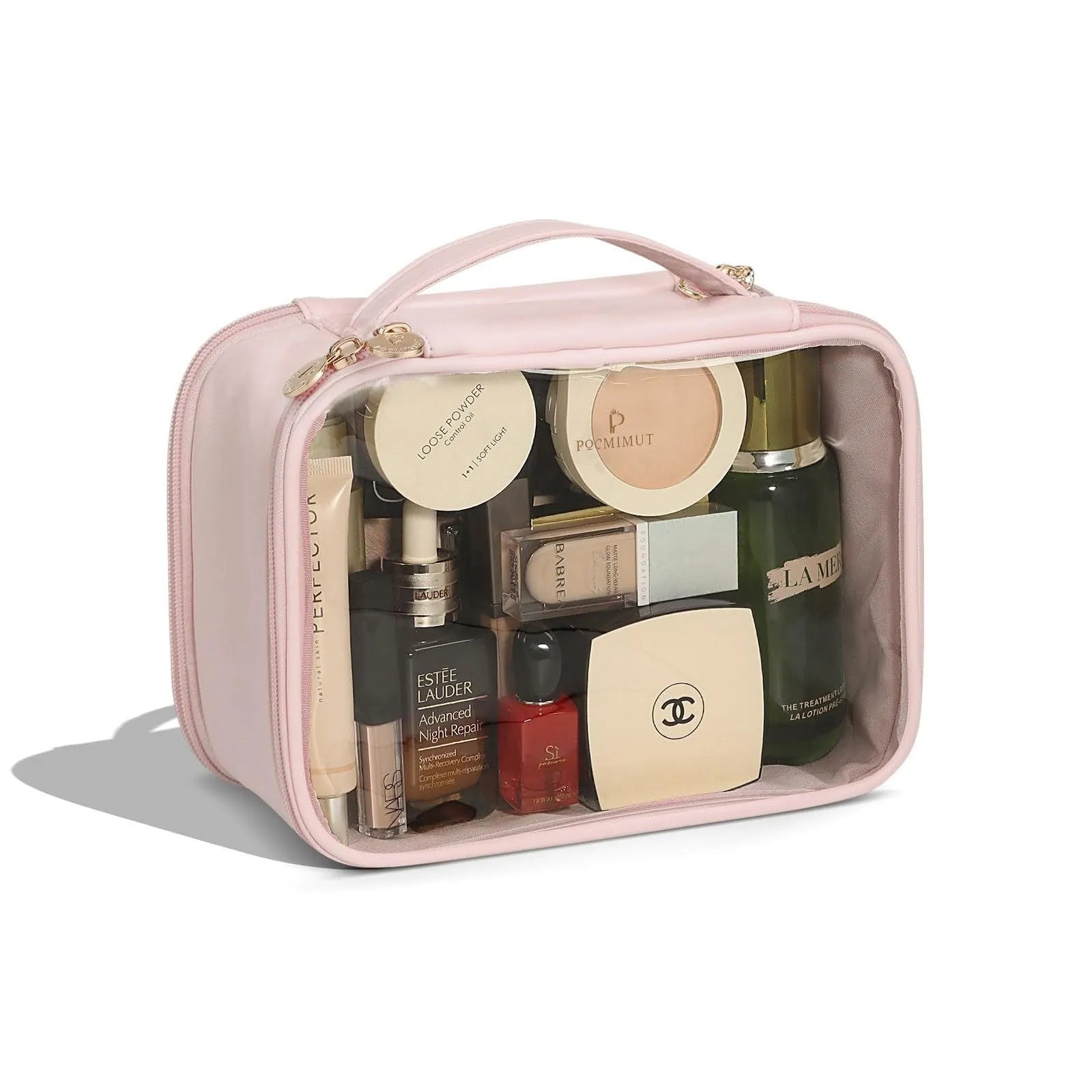 PVC leather transparent cosmetic bag in multiple colours showing waterproof construction and organisation compartments