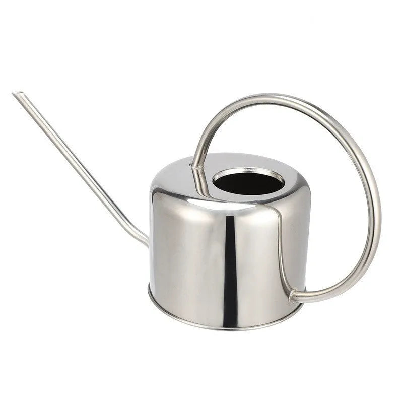 Stainless steel watering can with long spout showing black, gold, and silver colour options