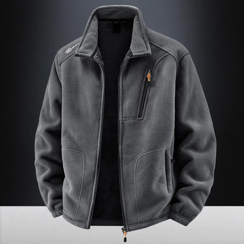 Men's loose casual polar fleece cardigan jacket in dark gray with full front closure