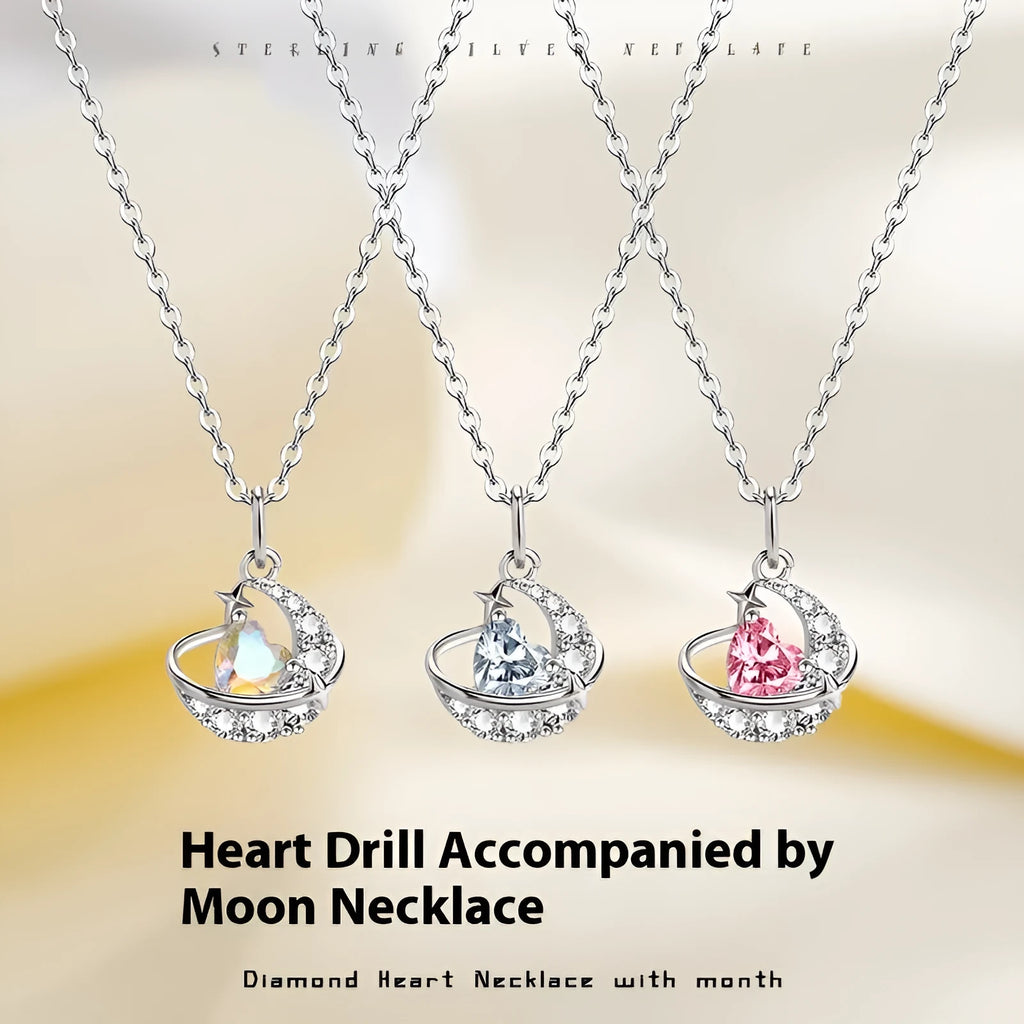 Design Sense Moon Heart clavicle chain necklace copper electroplated white diamond pink diamond dream color rhinestone women fashion OL