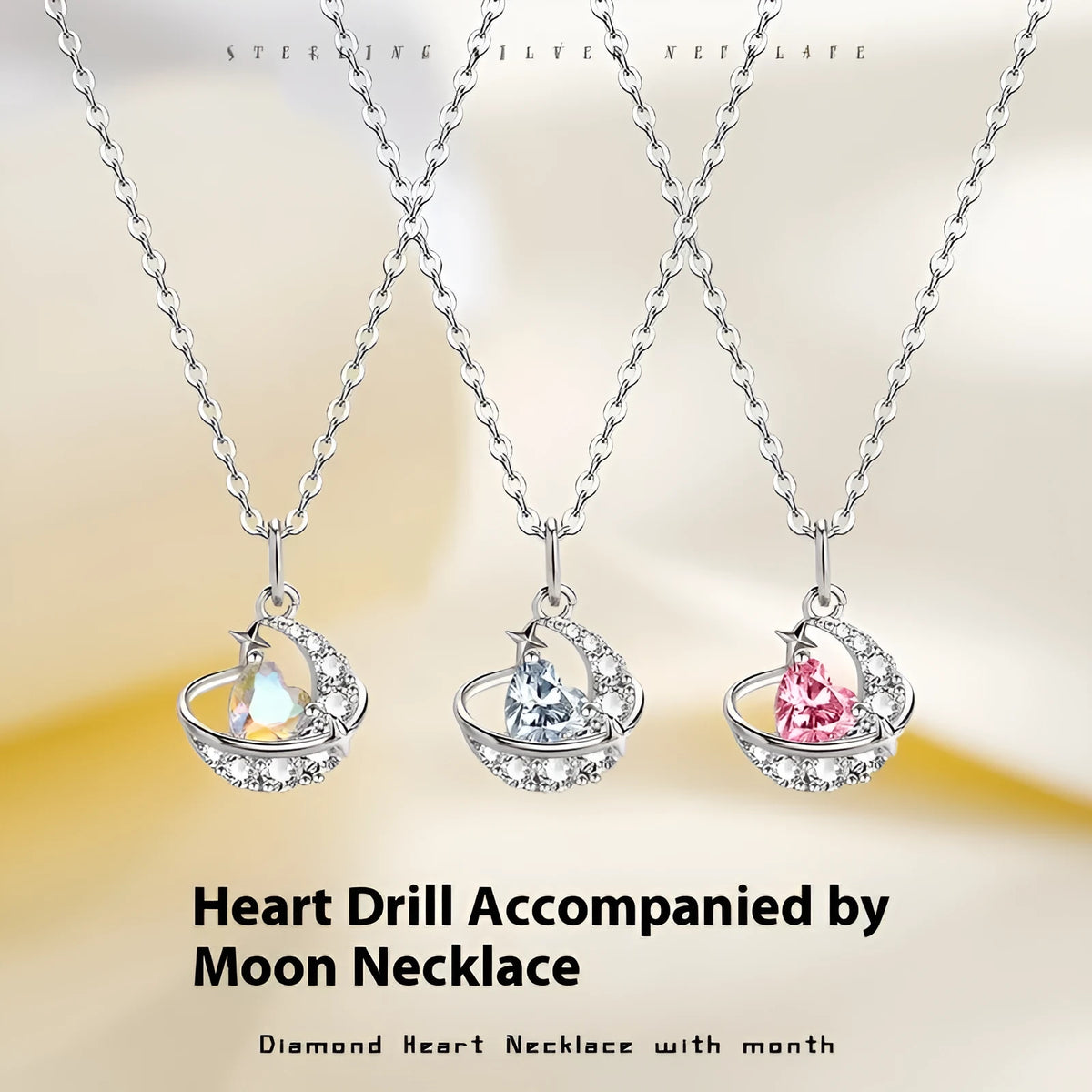 Design Sense Moon Heart clavicle chain necklace copper electroplated white diamond pink diamond dream color rhinestone women fashion OL