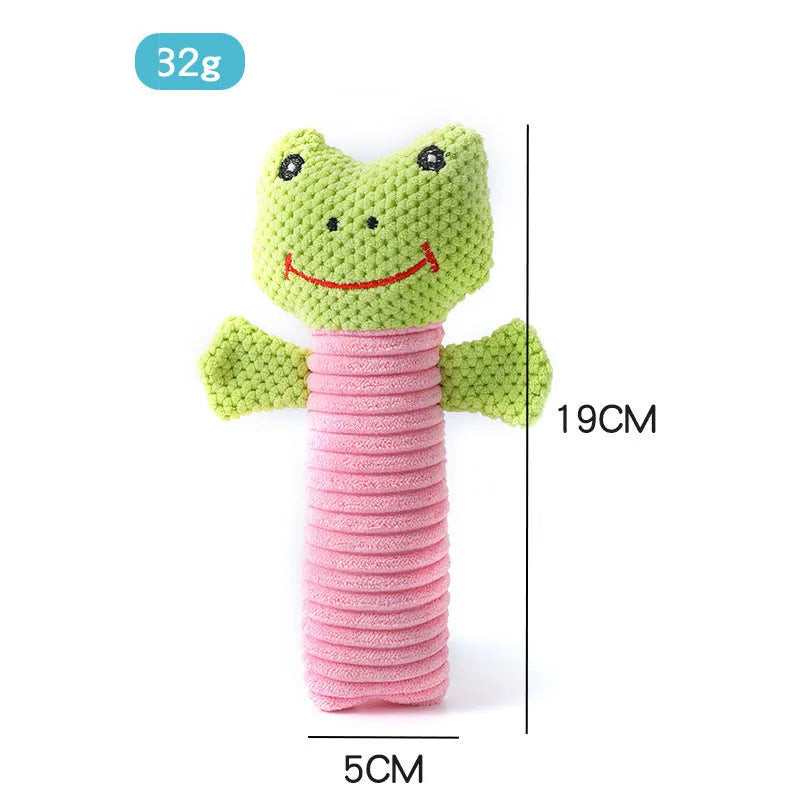 Squeaky plush dog chew toy in animal shapes for dental cleaning, size 19cm by 5cm