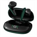 Y2 green wireless Bluetooth gaming earbuds with charging case and LED power display