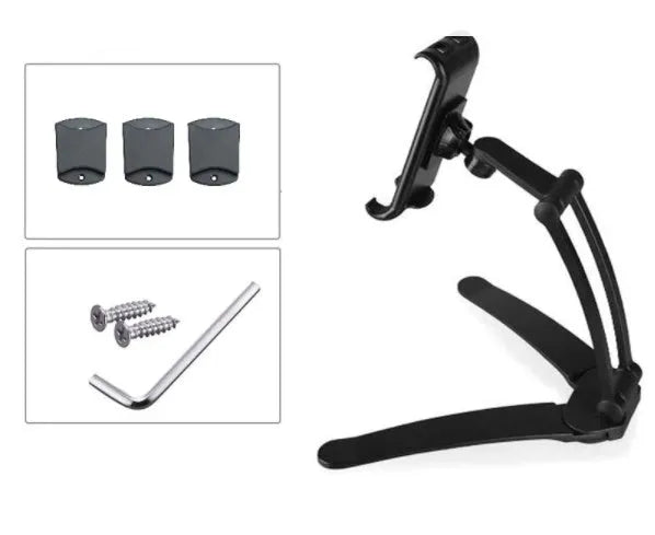 Silver aluminum alloy desktop tablet stand with white mount holding a tablet at an angle