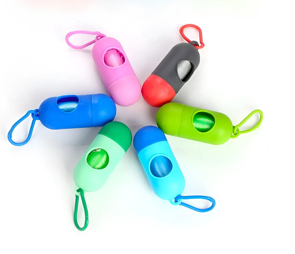 Roll of standard 22.5x30 cm dog waste bags showing colour options including black, blue, green, pink, purple and red