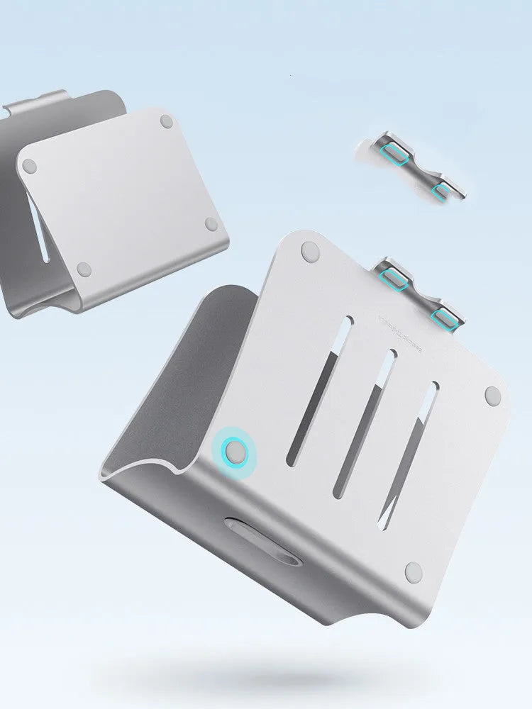 Silver aluminium laptop cooling bracket with rotating design and stripe heat sink pattern