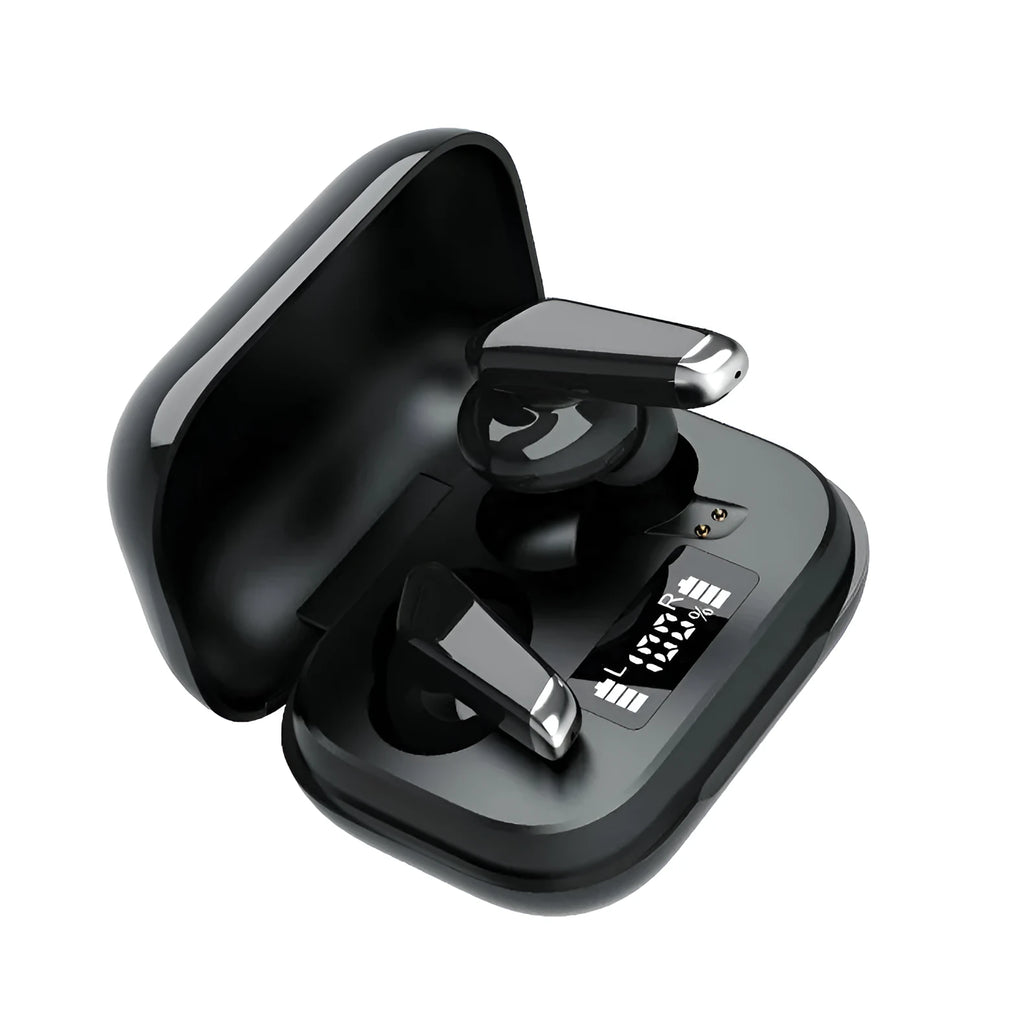 Black Bluetooth earphones with digital display charging case and touch controls