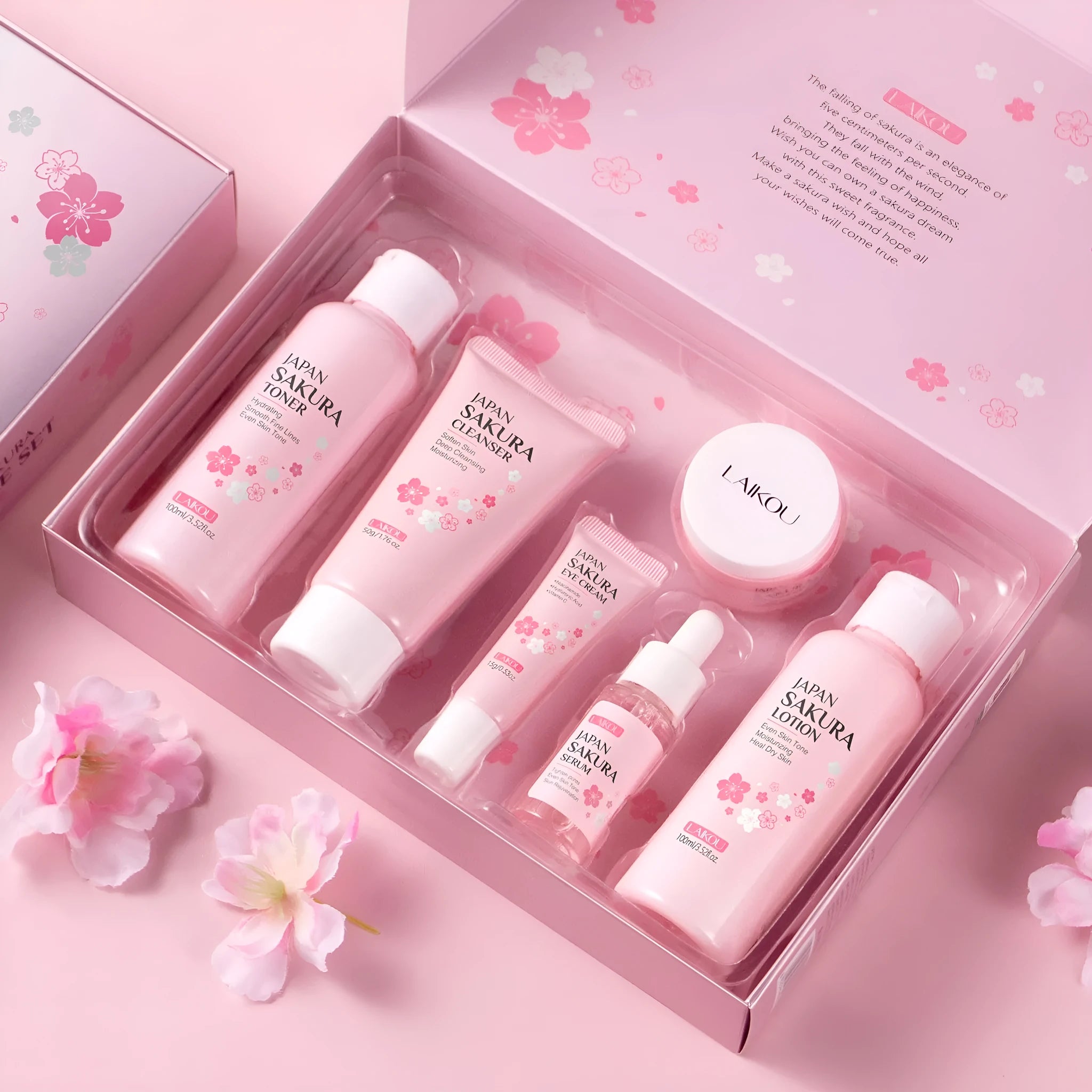 Cherry Blossom facial skincare 6-piece set showing cleanser, toner, creams and treatments
