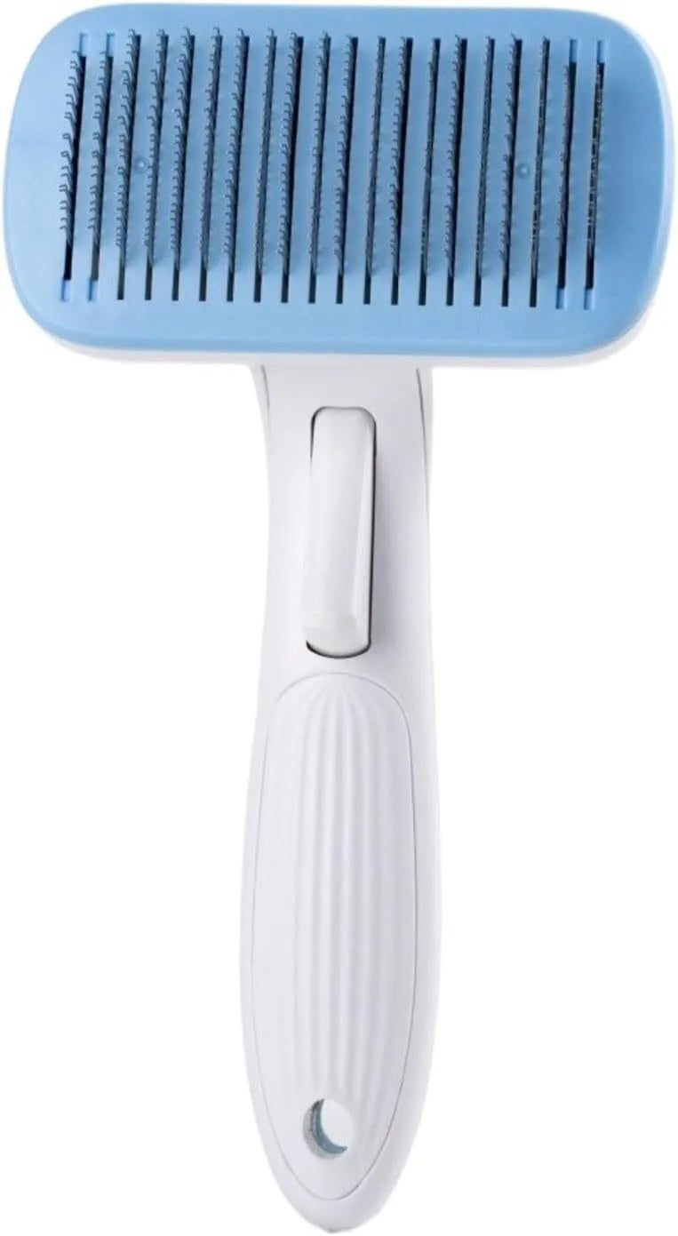 Automatic pet hair removal comb in blue colour measuring 10.7x19.5cm