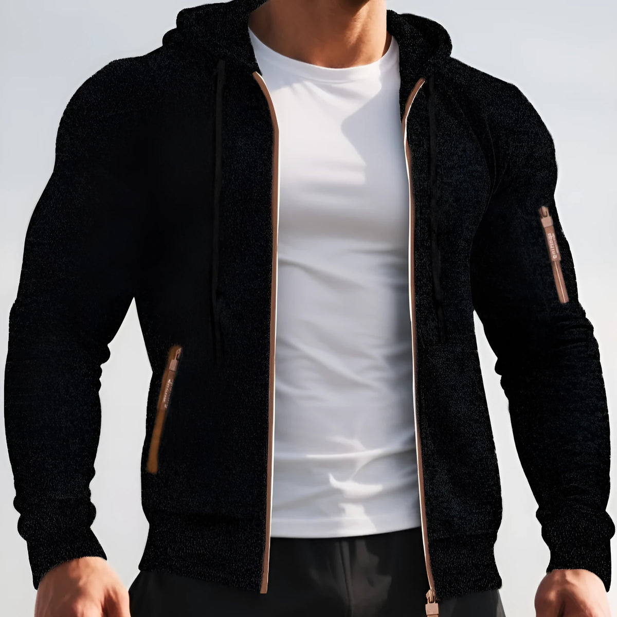 Men's polyester jacquard hooded coat, solid colour, straight cardigan style, sizes S to 3XL