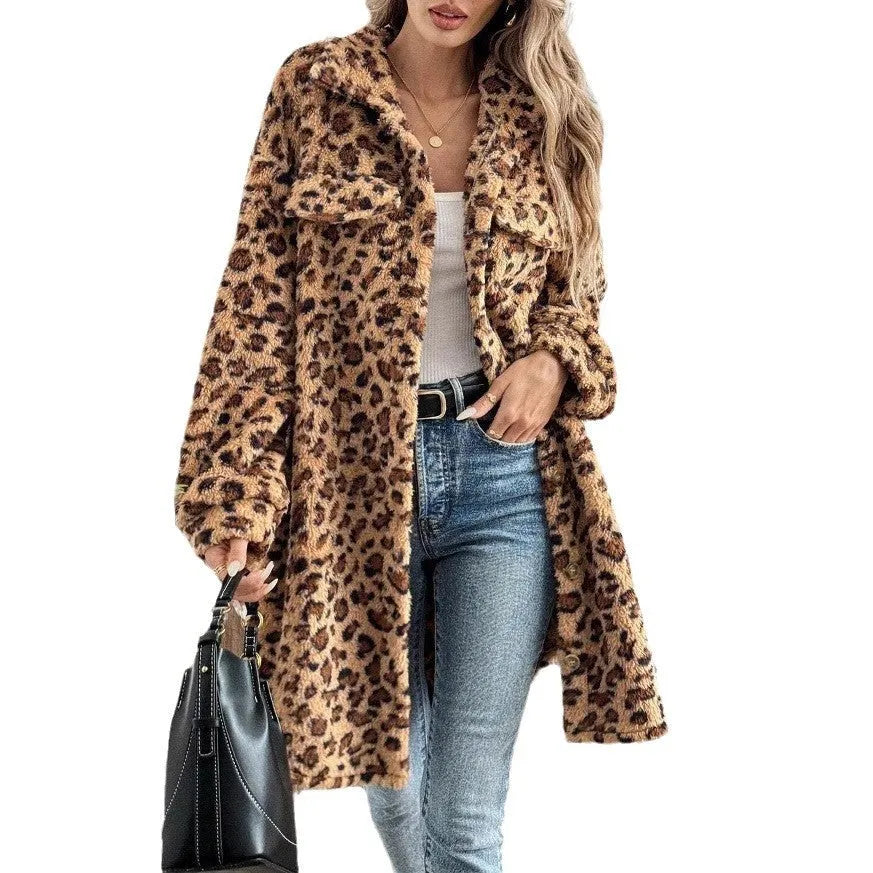 Women's double-sided plush cardigan long coat in dark brown animal pattern, long sleeves, sizes S-XL.