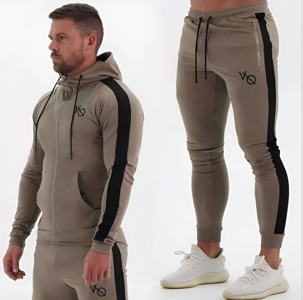 Men's cotton sweatshirt and trousers summer sports set hooded long sleeve stretch fabric black khaki navy blue