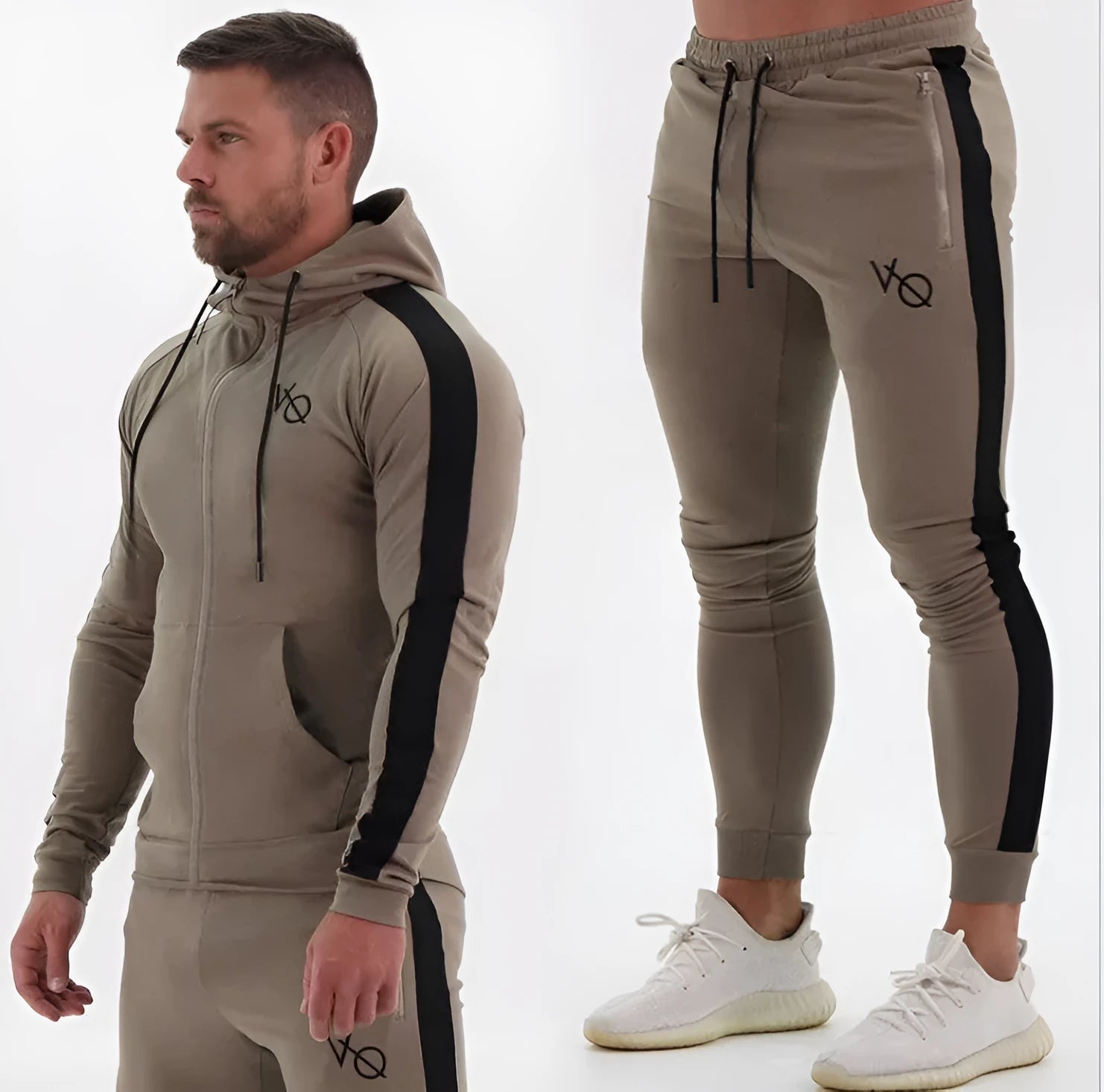 Men's cotton sweatshirt and trousers summer sports set hooded long sleeve stretch fabric black khaki navy blue