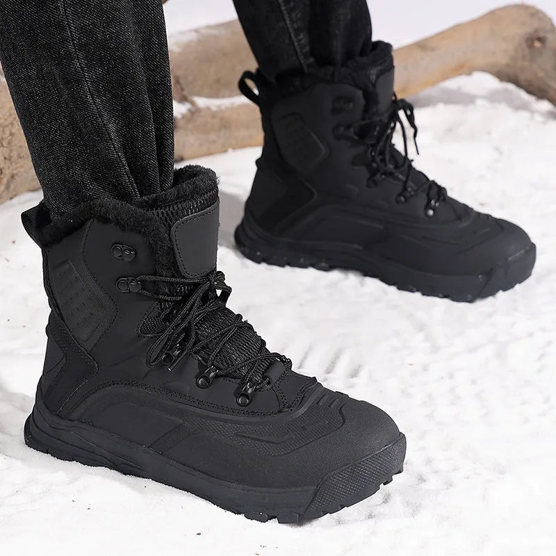 Men's black high-top lace-up boots with fleece lining and flat heel on ribbed sole