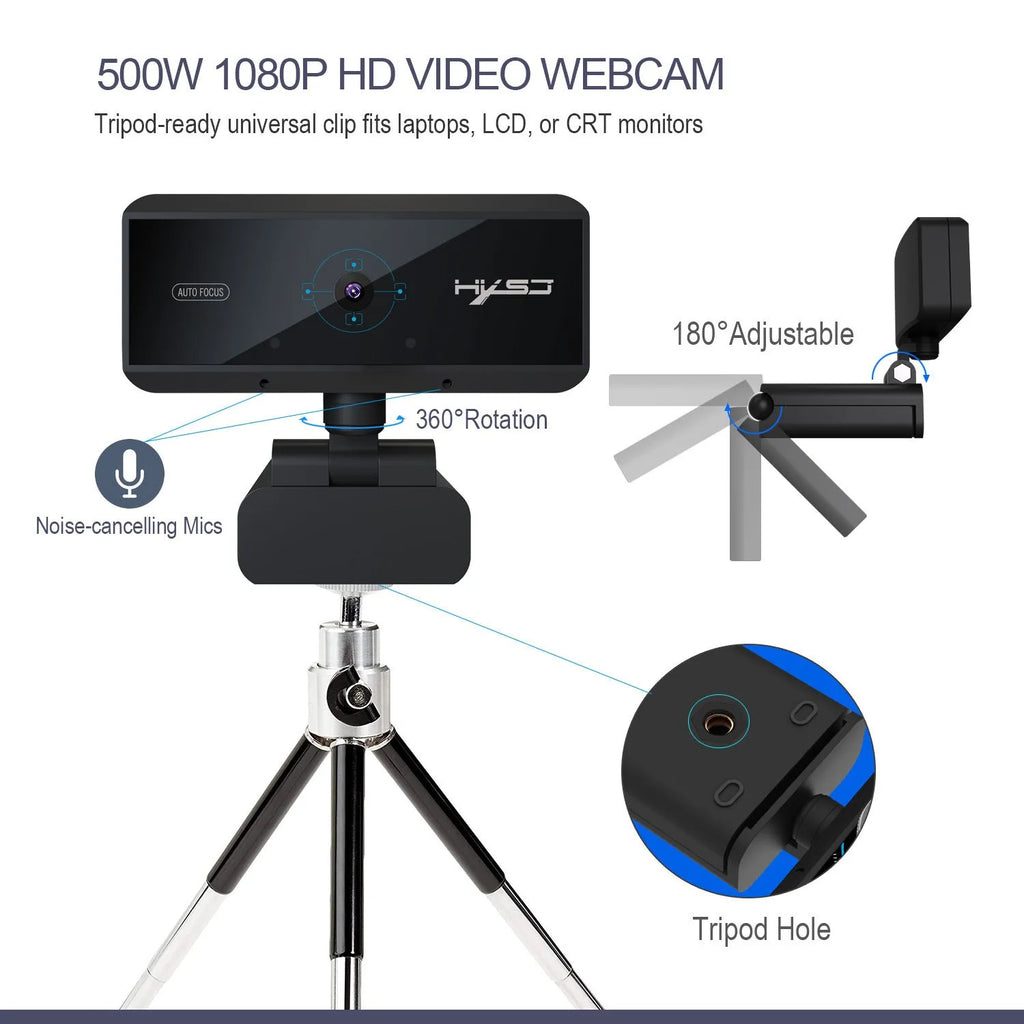 Black HD computer video camera with 5MP CMOS sensor, autofocus, USB 2.0, 1.7m cable for Windows desktop use