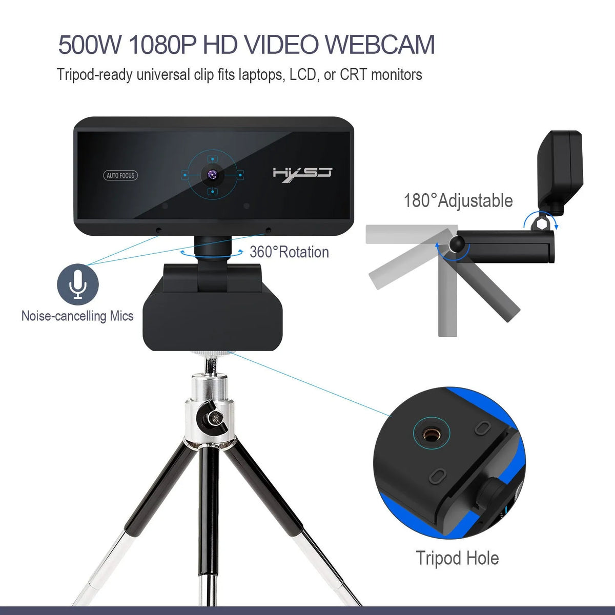 Black HD computer video camera with 5MP CMOS sensor, autofocus, USB 2.0, 1.7m cable for Windows desktop use