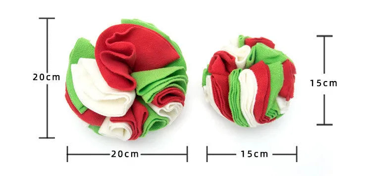 Polar fleece dog snuffle ball toy with folded circles in rainbow colours, 15cm or 20cm size options