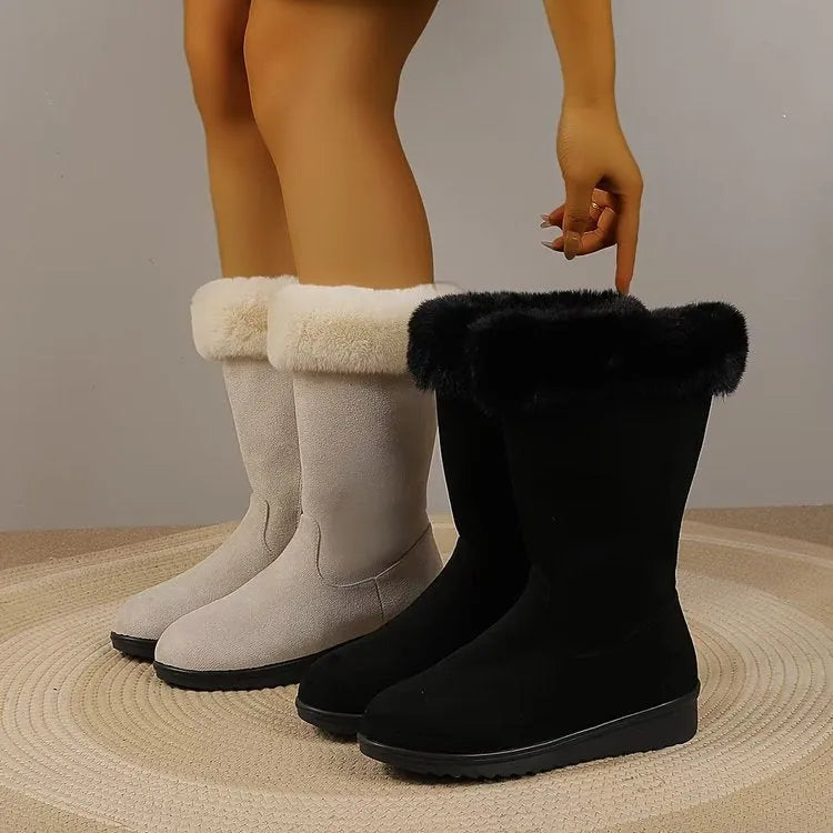 Fleece-lined thickened mid-calf waterproof platform snow boots in black, side view