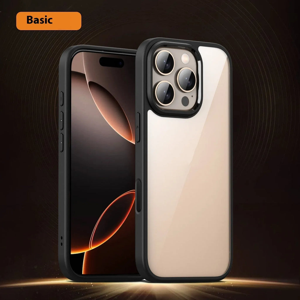 Clear black magnetic protective case for iPhone 16 Pro Max showing transparent back and camera cutout.
