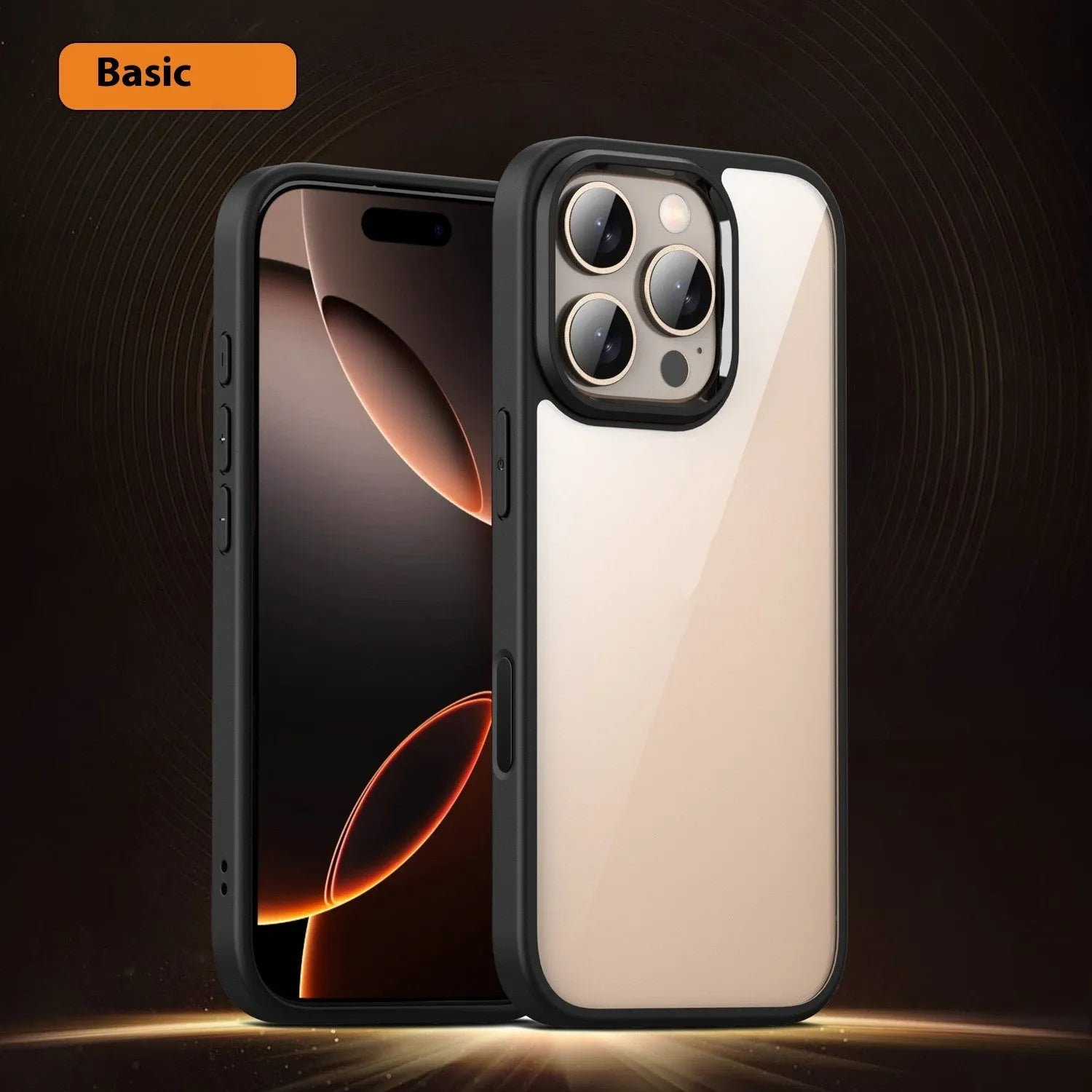 Clear black magnetic protective case for iPhone 16 Pro Max showing transparent back and camera cutout.