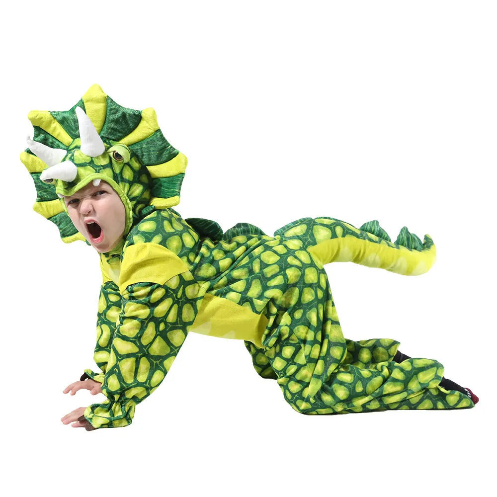 Children's Triceratops dinosaur Halloween costume jumper in polyester fabric, available in multiple colours and sizes