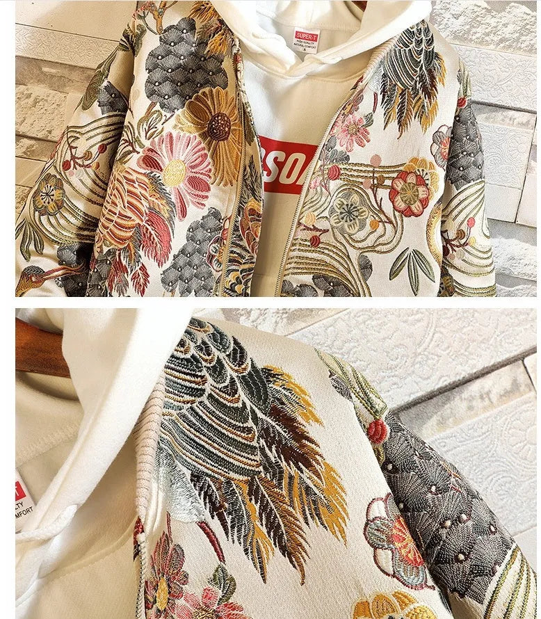 Men's white full embroidery baseball collar jacket in large size available sizes M to 5XL