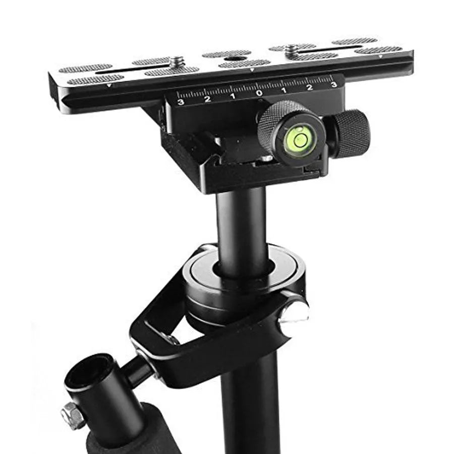 Black aluminium handheld camera stabilizer S40 S60 shown with adjustable height and comfortable grip.