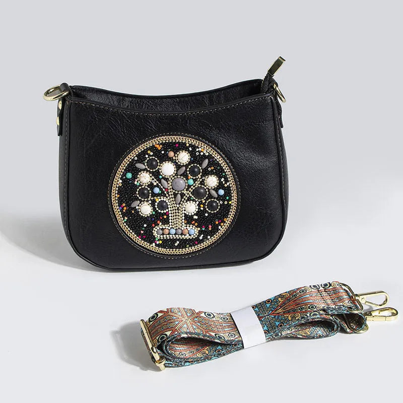 Straw bead turquoise ethnic style bucket shoulder crossbody bag with PU lining and mobile phone pocket