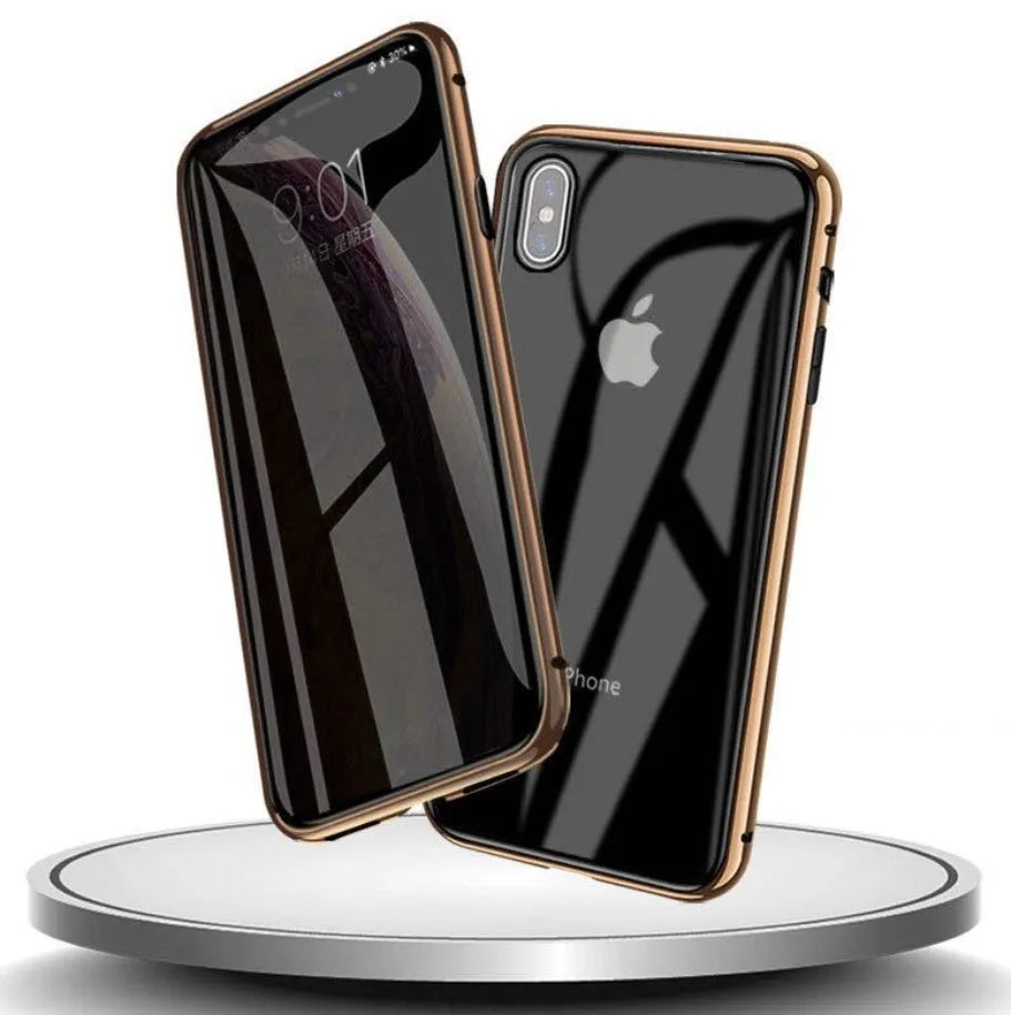 Glass anti-spy clamshell phone case for iPhone in multiple colours showing geometric pattern.