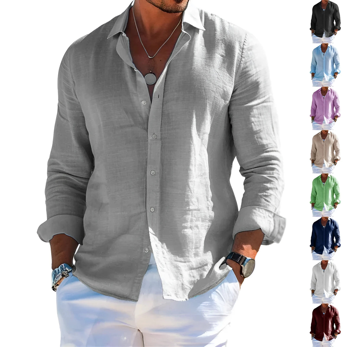 Men's long sleeve casual loose lapel button shirt in solid colour, sizes S to 6XL, polyester fibre