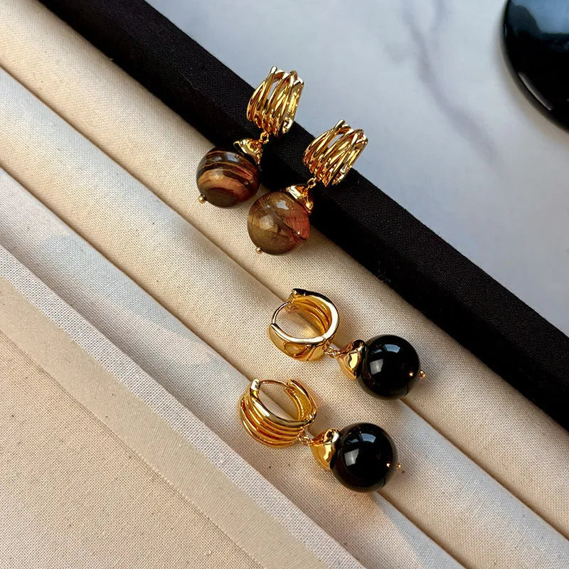 Maillard tigereye geometric earrings for women with gold plating in brown and black colours