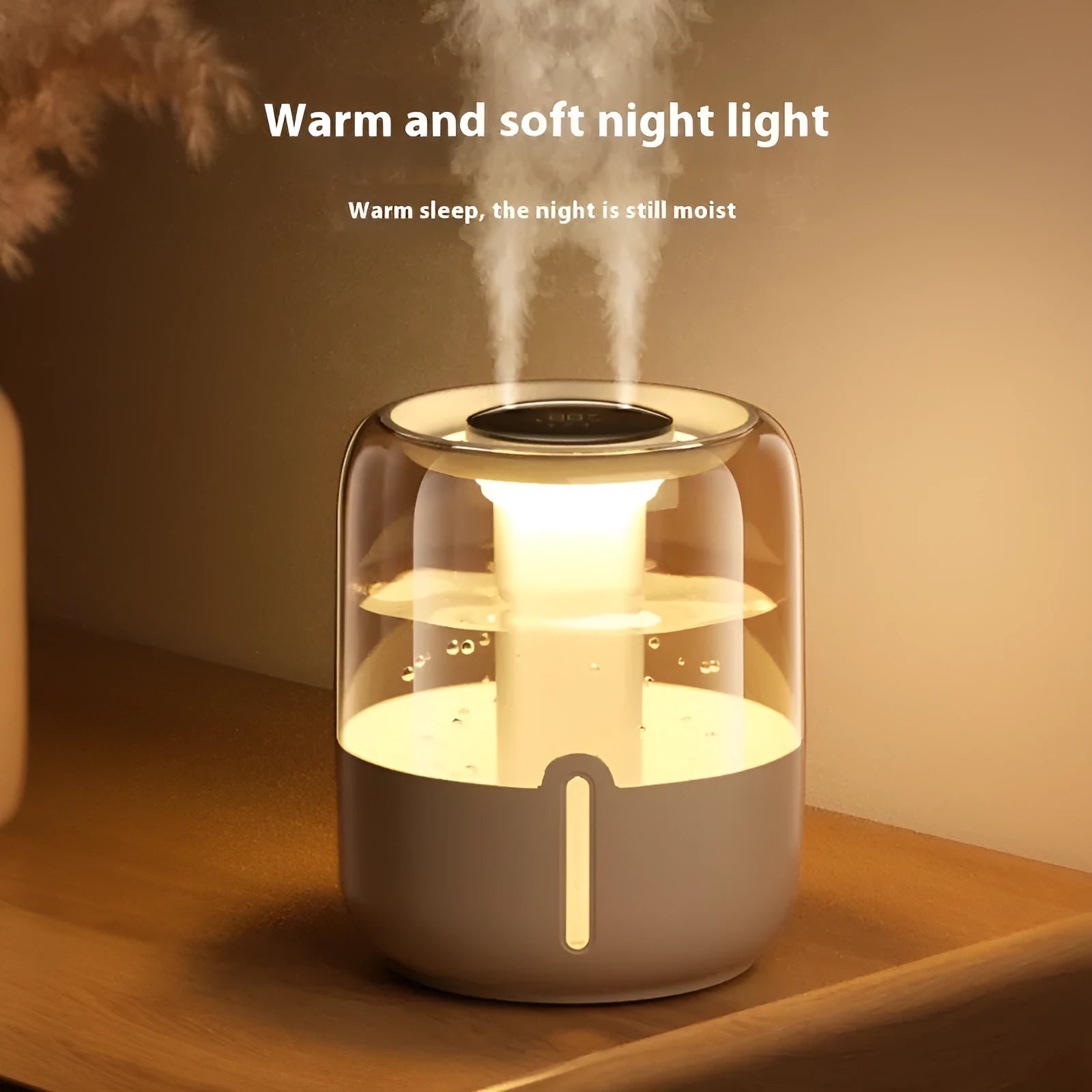 Beige round USB humidifier with dual spray fog, humidity display and night light