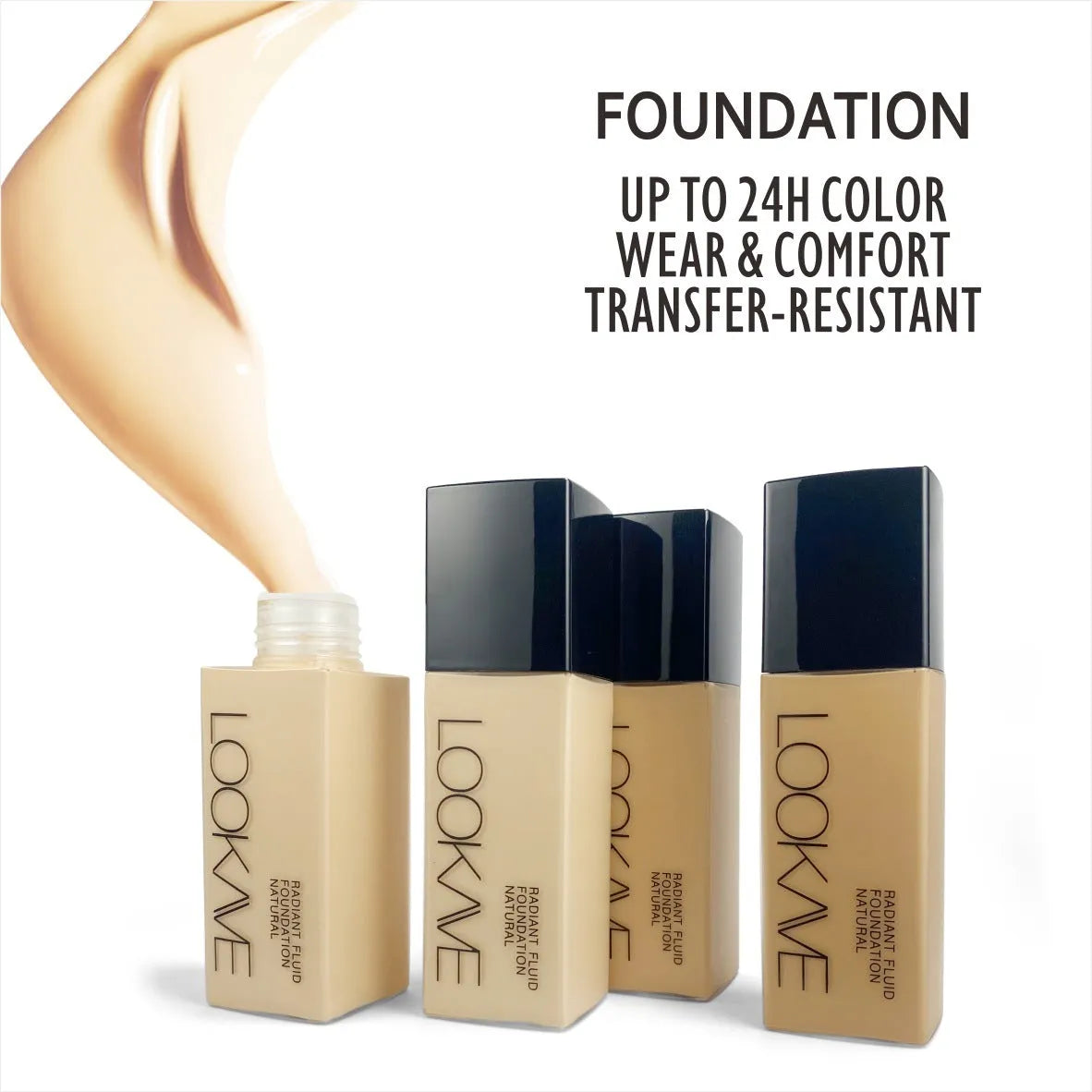 LOOKAVE matte liquid foundation bottle showing ivory white colour with six shade options LK63C-01 to LK63C-06