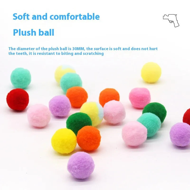 Pet toy launching gun with soft plush yarn balls for interactive dog play