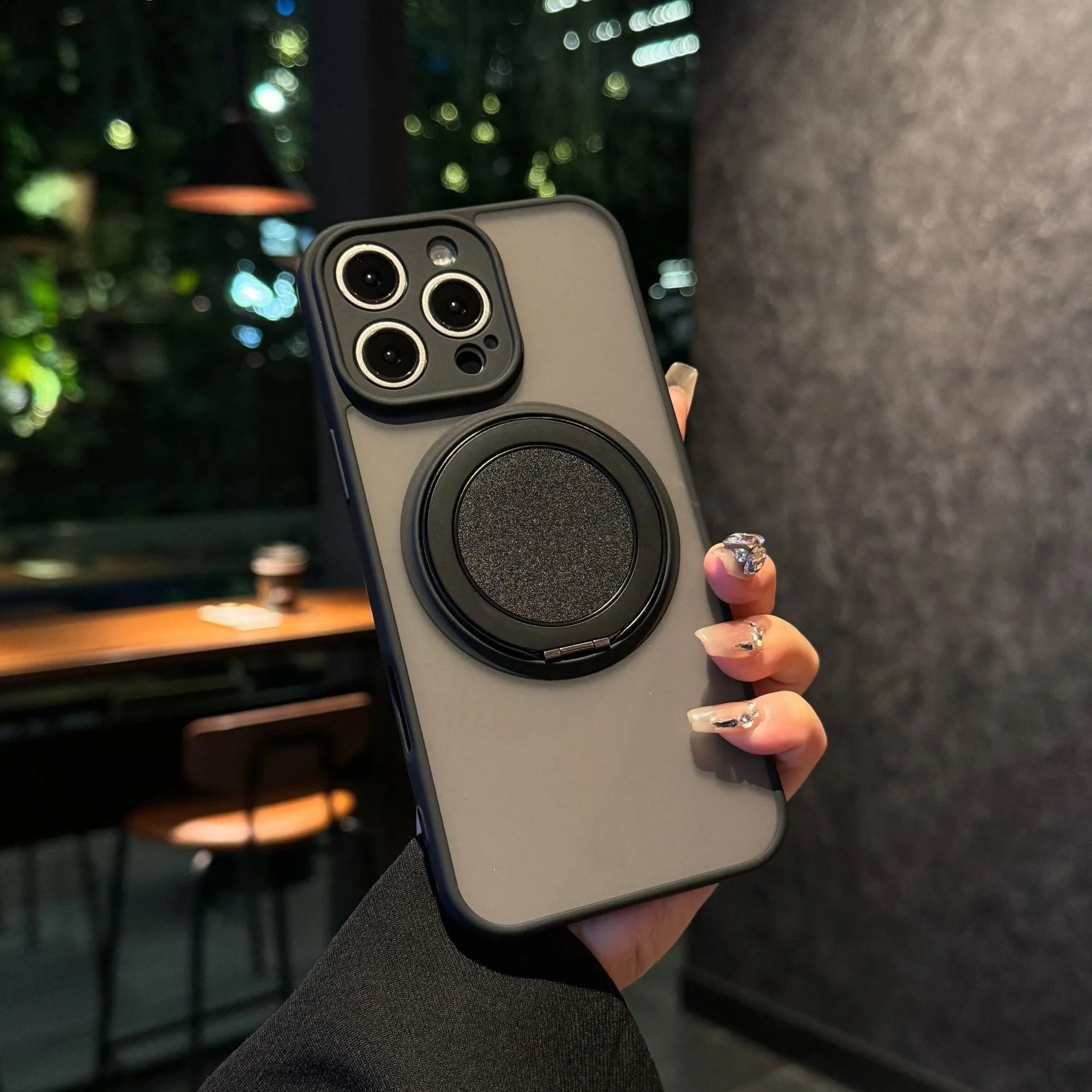 Frosted magnetic rotating bracket phone case for IPhone 17 series in multiple colour options showing bracket extended.
