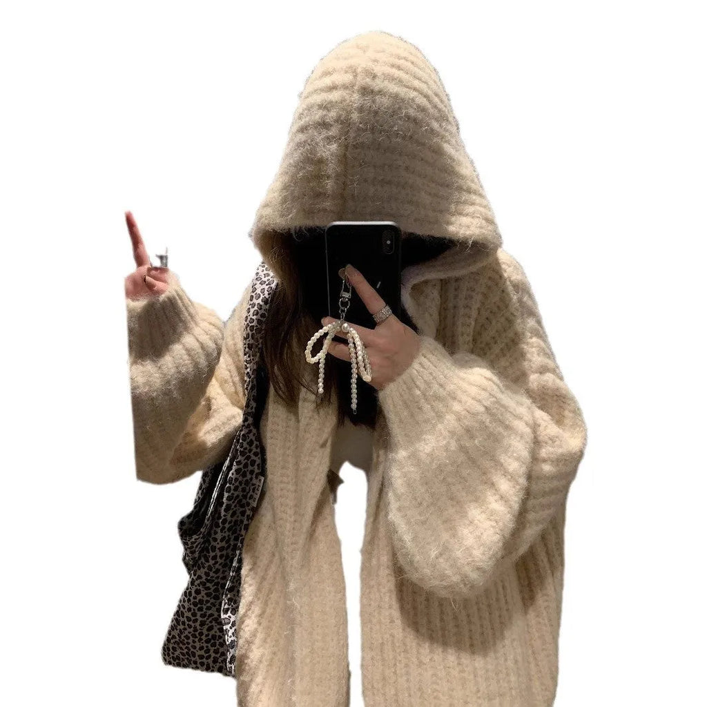 Women's retro style hooded cardigan in thick acrylic fabric, loose fit, shown in dark grey colour