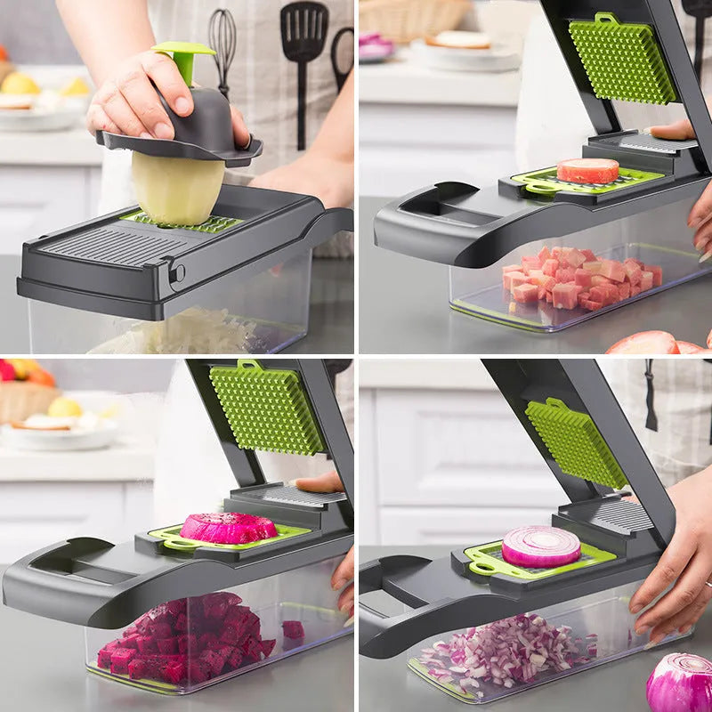 Multifunctional vegetable cutter with seven stainless steel blades and wheat straw plastic housing