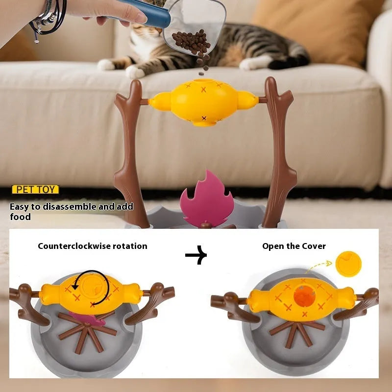 Barbecue-themed cat tumbling puzzle feeder toy with treat dispensing mechanism