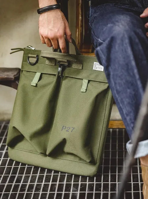 Marden Tooling medium-sized charcoal black canvas crossbody messenger bag with shoulder strap.