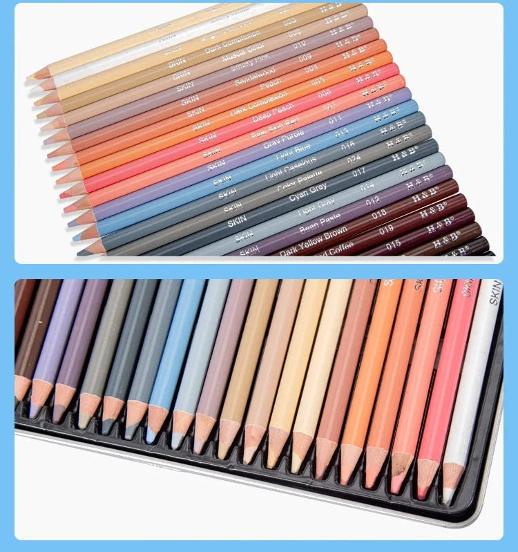 24-colour skin tone pencil set in round brush pot-style metal tin for portrait drawing