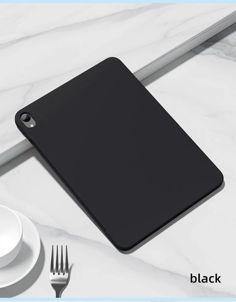 Soft liquid silicone iPad protective case in solid colours, showing back and edge coverage for various iPad models.