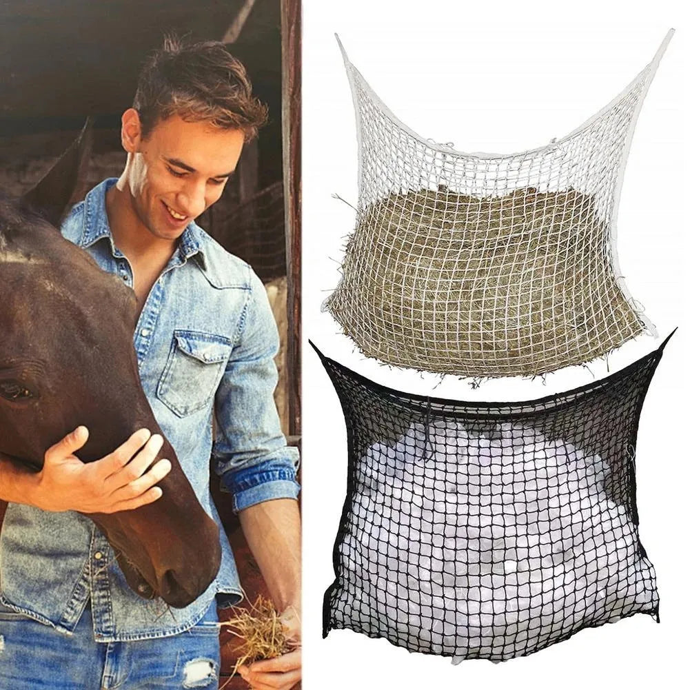 Woven grid horse hanging feeding bag in black or white with PE rope construction for cattle and sheep