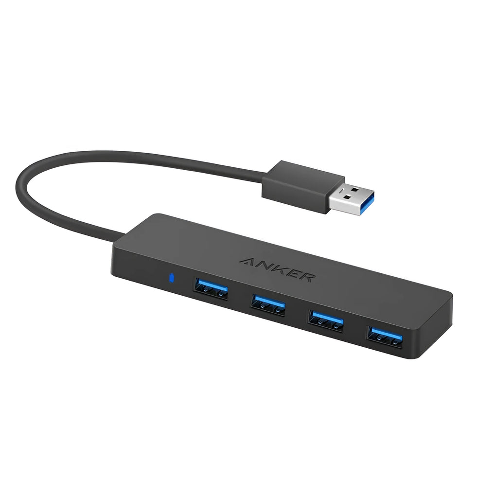 Black Anker 4-port USB 3.0 hub with attached cable on a desk