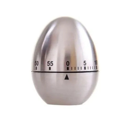 Stainless steel mechanical kitchen timer with egg shape measuring 7cm high